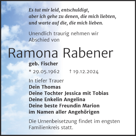 Traueranzeige von Ramona Rabener von Trauerkombi Merseburg