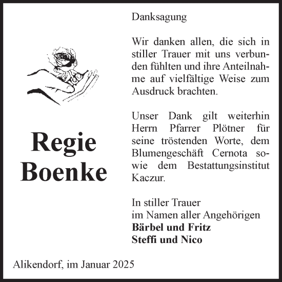 Traueranzeige von Regie Boenke von Volksstimme Oschersleben/Wanzleben