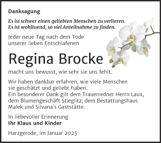 Traueranzeige von Regina Brocke von Trauerkombi Quedlinburg