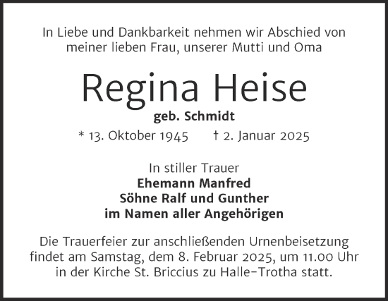 Traueranzeige von Regina Heise von Mitteldeutsche Zeitung Halle/Saalkreis