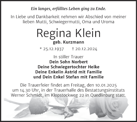Traueranzeige von Regina Klein von Trauerkombi Quedlinburg