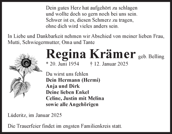 Traueranzeige von Regina Krämer von Volksstimme Altmark Ost