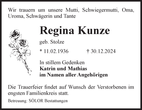 Traueranzeige von Regina Kunze von Volksstimme Magdeburg