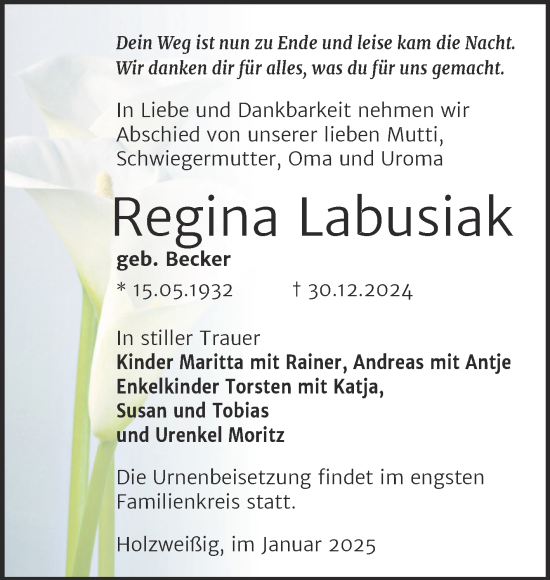 Traueranzeige von Regina Labusiak von Trauerkombi Bitterfeld