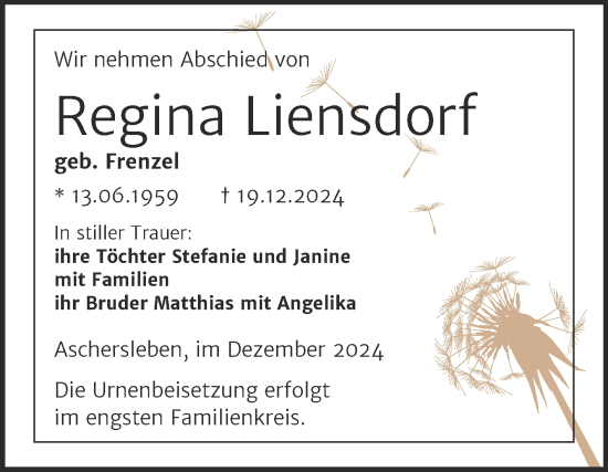 Traueranzeige von Regina Liensdorf von Trauerkombi Aschersleben