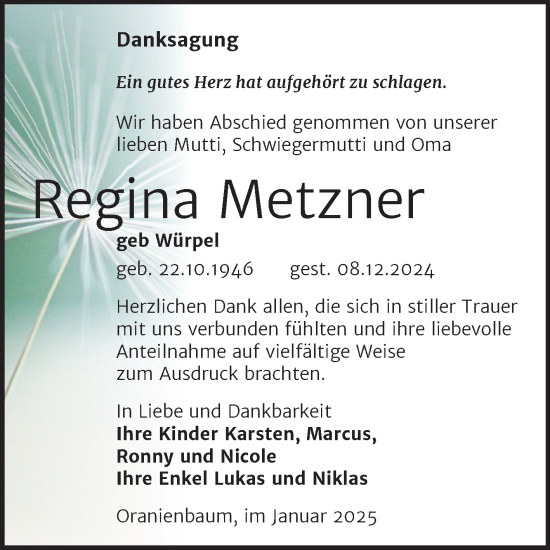 Traueranzeige von Regina Metzner von Trauerkombi Wittenberg