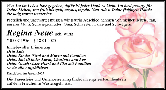 Traueranzeige von Regina Neue von Trauerkombi Quedlinburg