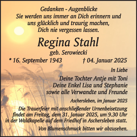 Traueranzeige von Regina Stahl von Trauerkombi Aschersleben