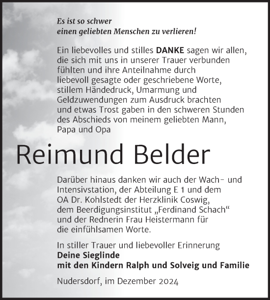 Traueranzeige von Reimund Belder von Trauerkombi Wittenberg
