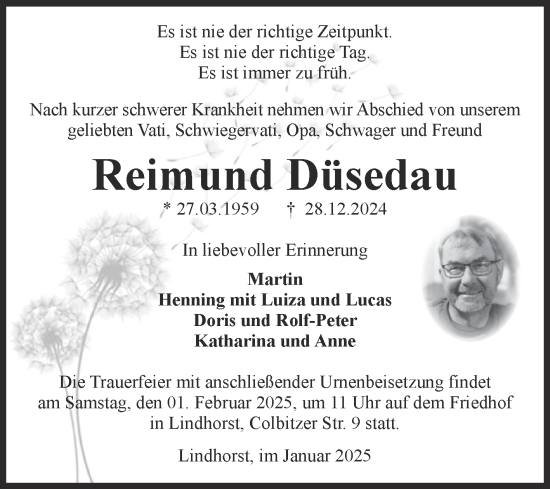 Traueranzeige von Reimund Düsedau von Volksstimme Haldensleben/Wolmirstedt
