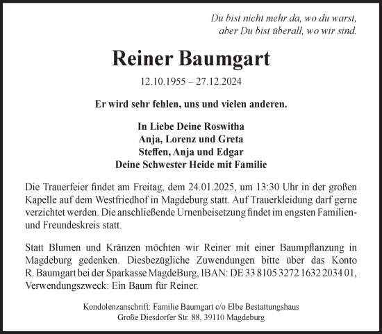 Traueranzeige von Reiner Baumgart von Volksstimme Magdeburg