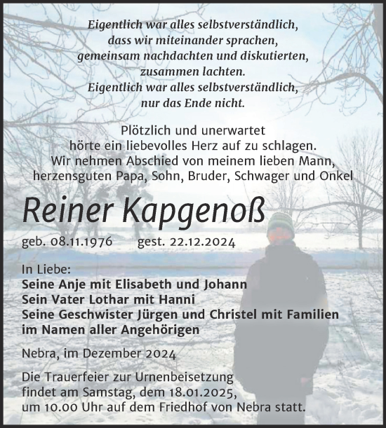 Traueranzeige von Reiner Kapgenoß von Naumburger Tageblatt