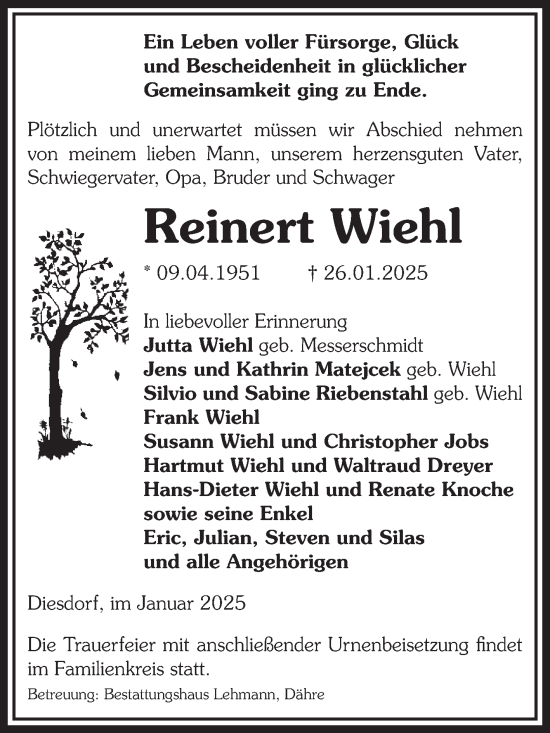 Traueranzeige von Reinert Wiehl von Volksstimme Altmark West
