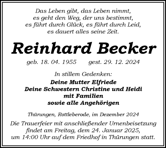 Traueranzeige von Reinhard Becker von Trauerkombi Sangerhausen