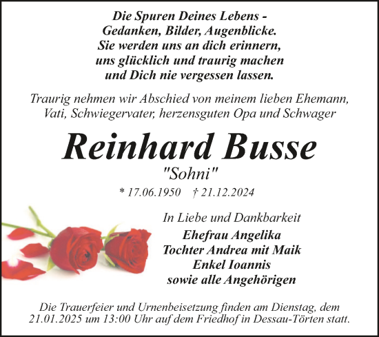 Traueranzeige von Reinhard Busse von Trauerkombi Dessau
