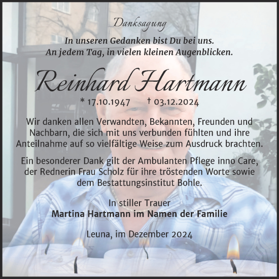 Traueranzeige von Reinhard Hartmann von Trauerkombi Merseburg