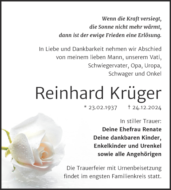 Traueranzeige von Reinhard Krüger von Trauerkombi Bitterfeld