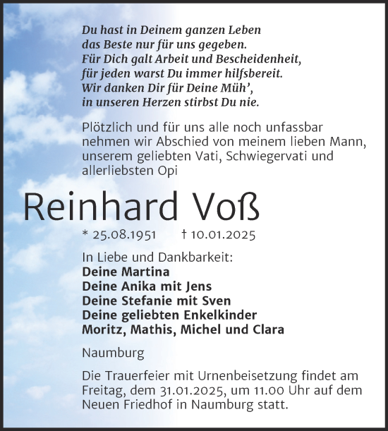 Traueranzeige von Reinhard Voß von Super Sonntag Naumburg/Nebra