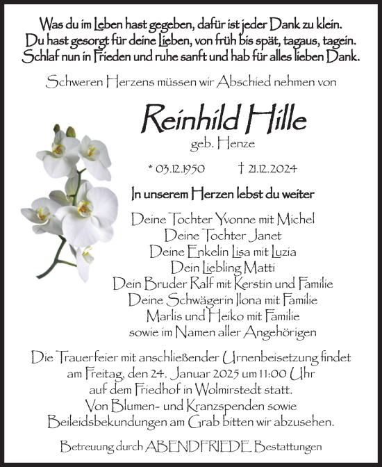 Traueranzeige von Reinhild Hille von Volksstimme Haldensleben/Wolmirstedt