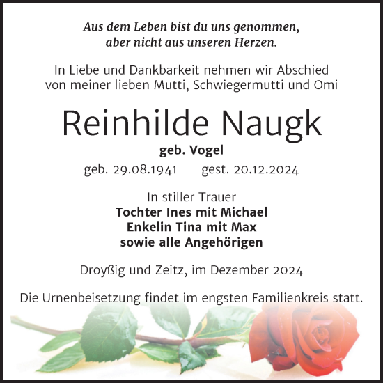 Traueranzeige von Reinhilde Naugk von Trauerkombi Zeitz