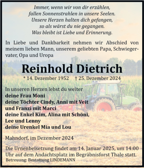 Traueranzeige von Reinhold Dietrich von Volksstimme Halberstadt