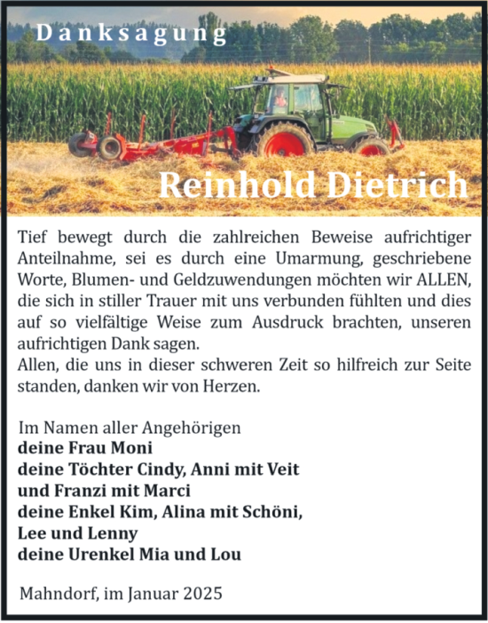 Traueranzeige von Reinhold Dietrich von Volksstimme Halberstadt
