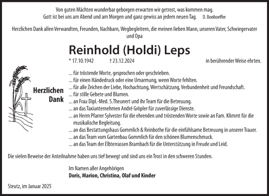 Traueranzeige von Reinhold  Leps von Volksstimme Zerbst