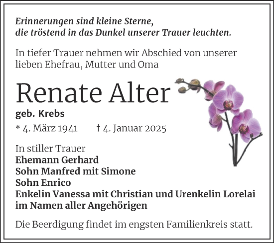 Traueranzeige von Renate Alter von Super Sonntag Wittenberg