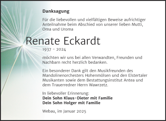 Traueranzeige von Renate Eckardt von Trauerkombi Weißenfels
