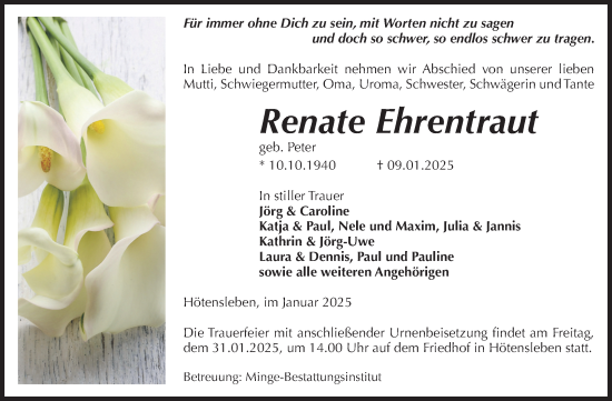 Traueranzeige von Renate Ehrentraut von Volksstimme Oschersleben/Wanzleben