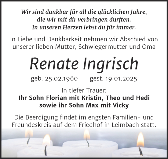 Traueranzeige von Renate Ingrisch von Mitteldeutsche Zeitung Mansfelder Land
