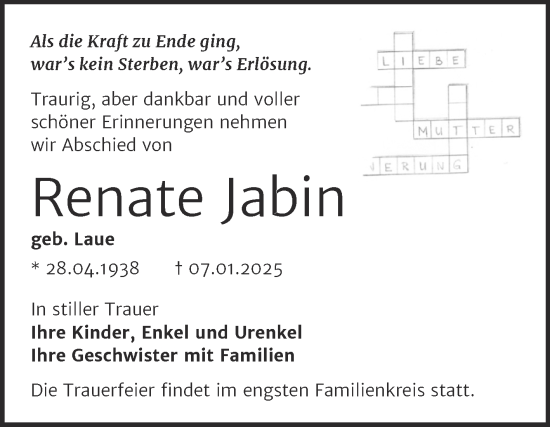 Traueranzeige von Renate Jabin von Trauerkombi Bernburg
