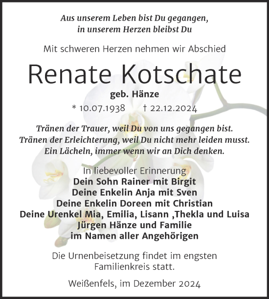 Traueranzeige von Renate Kotschate von Trauerkombi Weißenfels