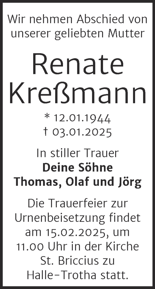 Traueranzeige von Renate Kreßmann von Mitteldeutsche Zeitung Halle/Saalkreis