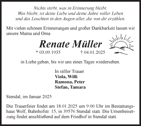 Traueranzeige von Renate Müller von Volksstimme Altmark Ost