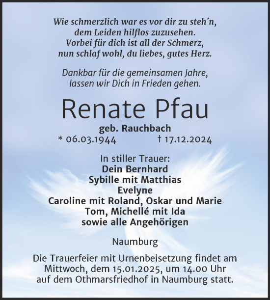 Traueranzeige von Renate Pfau von Super Sonntag Naumburg/Nebra
