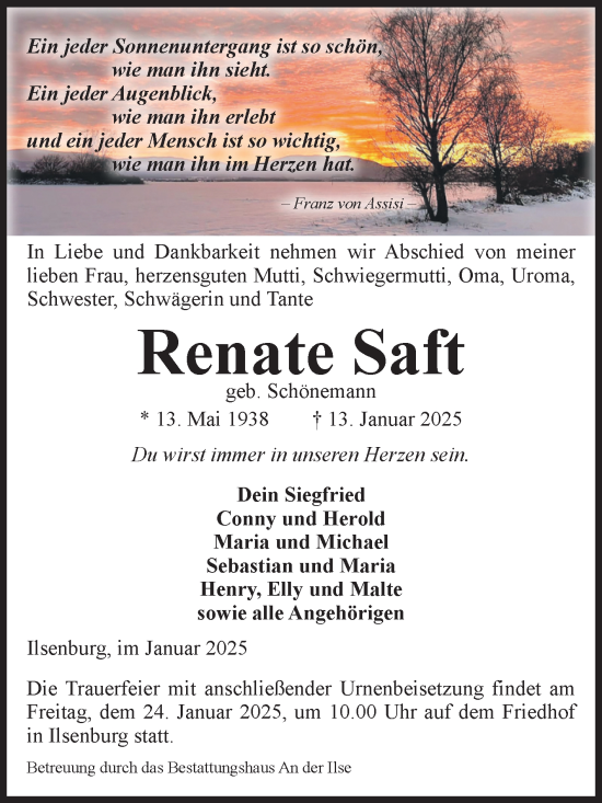 Traueranzeige von Renate Saft von Volksstimme Wernigerode