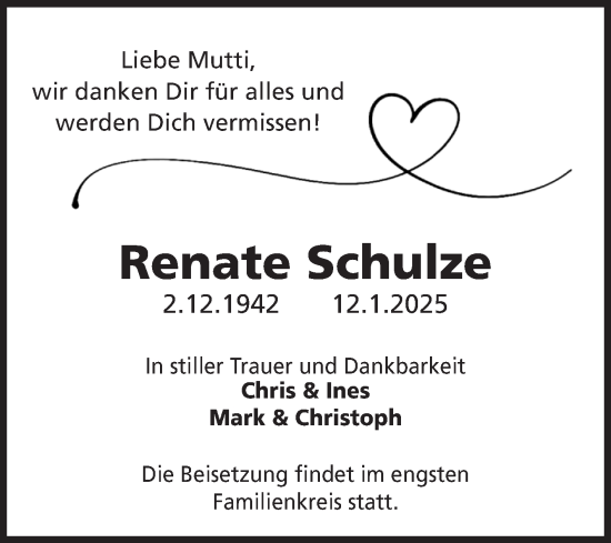 Traueranzeige von Renate Schulze von Volksstimme Staßfurt