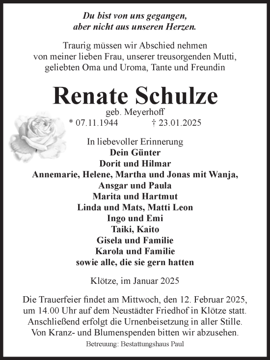 Traueranzeige von Renate Schulze von Volksstimme Altmark West