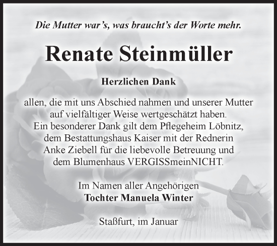 Traueranzeige von Renate Steinmüller von Volksstimme Staßfurt