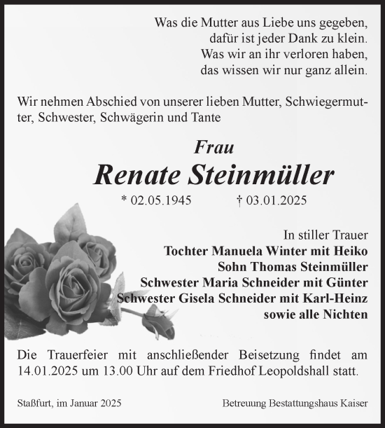 Traueranzeige von Renate Steinmüller von Volksstimme Staßfurt