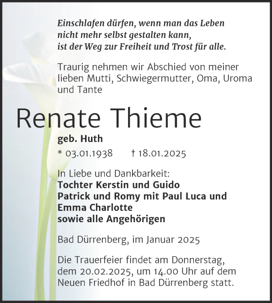 Traueranzeige von Renate Thieme von Trauerkombi Merseburg