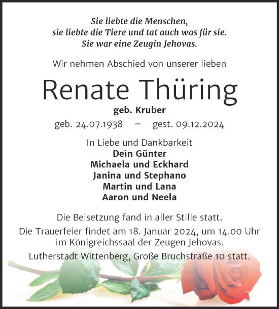 Traueranzeige von Renate Thüring von Trauerkombi Wittenberg
