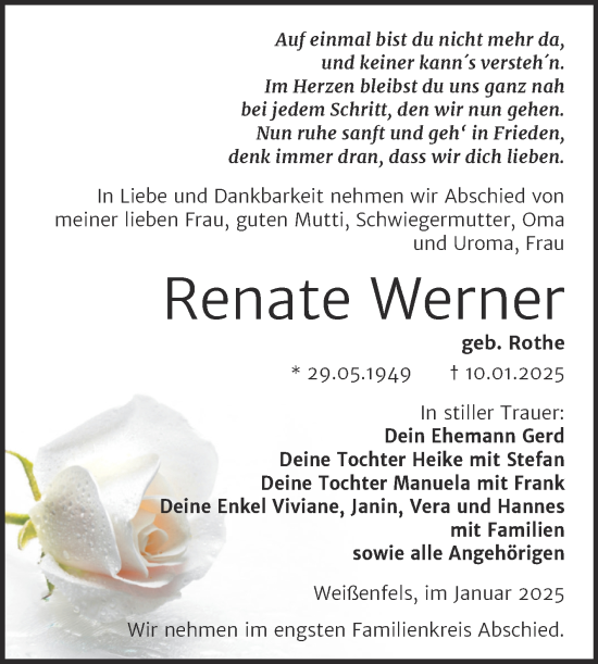 Traueranzeige von Renate Werner von Trauerkombi Weißenfels