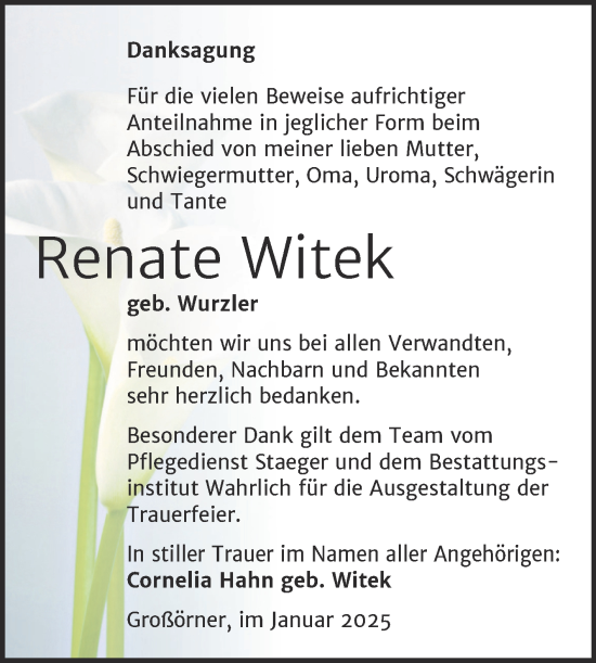 Traueranzeige von Renate Witek von Trauerkombi Mansfelder Land