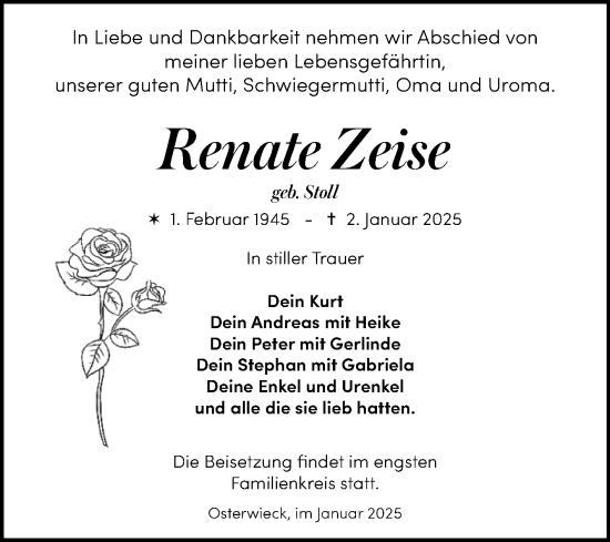 Traueranzeige von Renate Zeise von Volksstimme Halberstadt