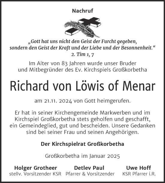 Traueranzeige von Richard von Löwis of Menar von Mitteldeutsche Zeitung Weißenfels