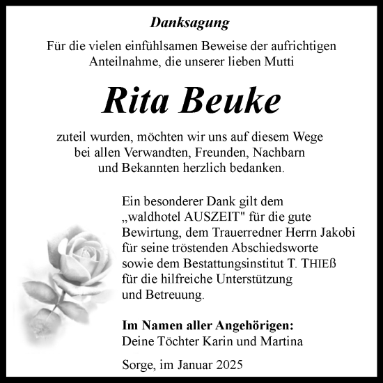 Traueranzeige von Rita Beuke von Volksstimme Wernigerode