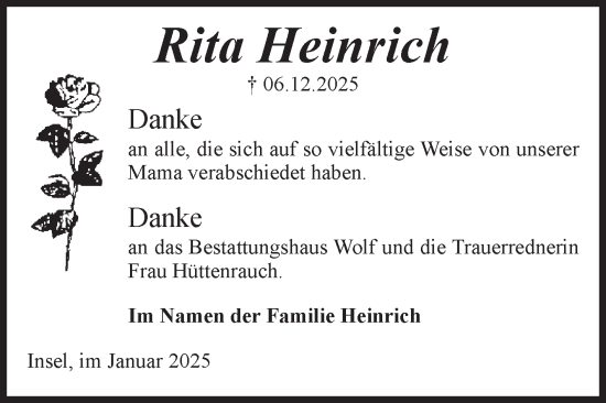 Traueranzeige von Rita Heinrich von Volksstimme Altmark Ost