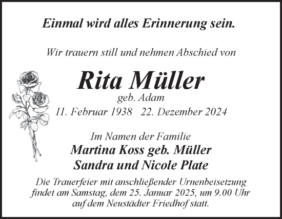 Traueranzeige von Rita Müller von Volksstimme Magdeburg